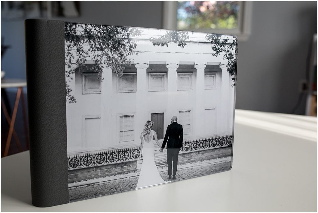 Crystal image cover classic wedding album with black and white portrait of bride and groom