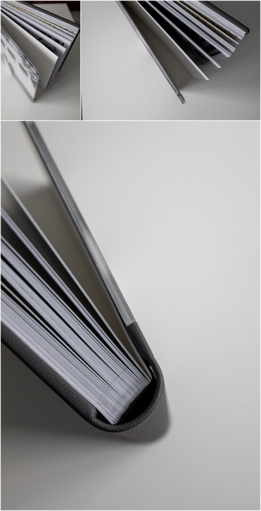 detail of spine and binding of a classic wedding album, detail of page edges, gray leather binding