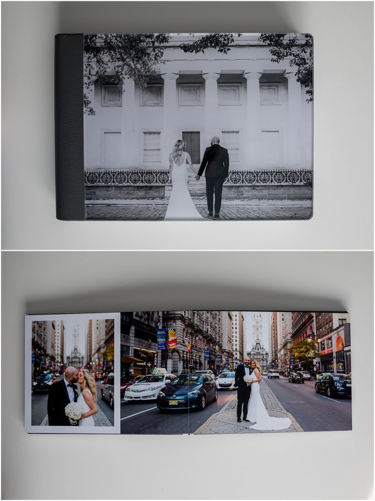 wedding album open to a two page spread of photos featuring a lay flat format