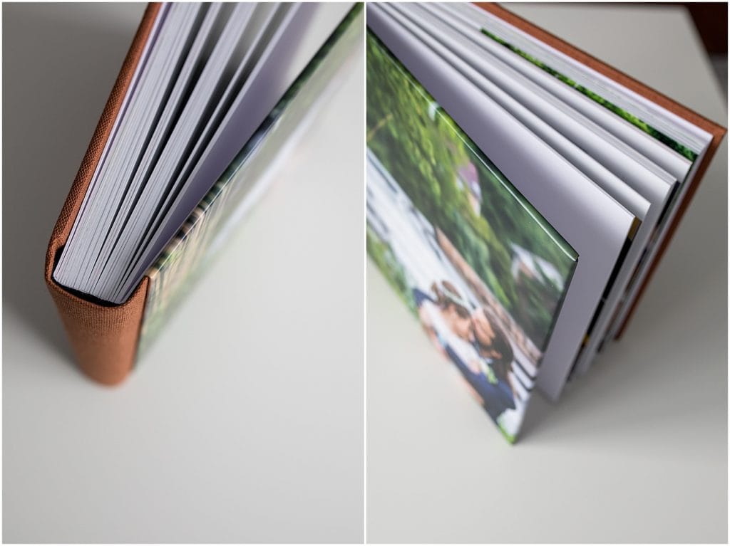 Detail of brown linen binding and page edges on wedding album