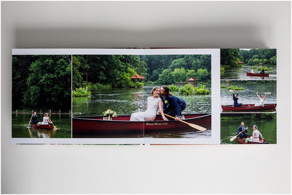 wedding album open to a two page spread of portraits of bride and groom featuring a lay flat format