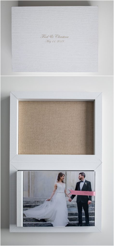 wedding album featuring a keepsake box in white woodgrain with gold debossing on the front, and opened with wedding album inside