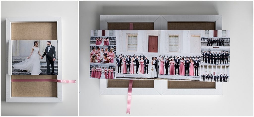 wedding album opened to a two page spread with portraits of a wedding party wearing black and pink, and featuring a lay flat print format