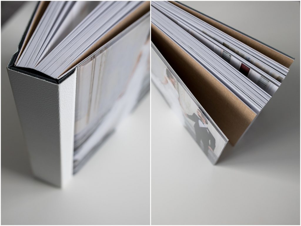 detail of white leather square binding on wedding album, detail of page edges