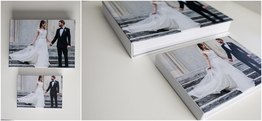 small and large parent wedding albums next to each other to show size difference