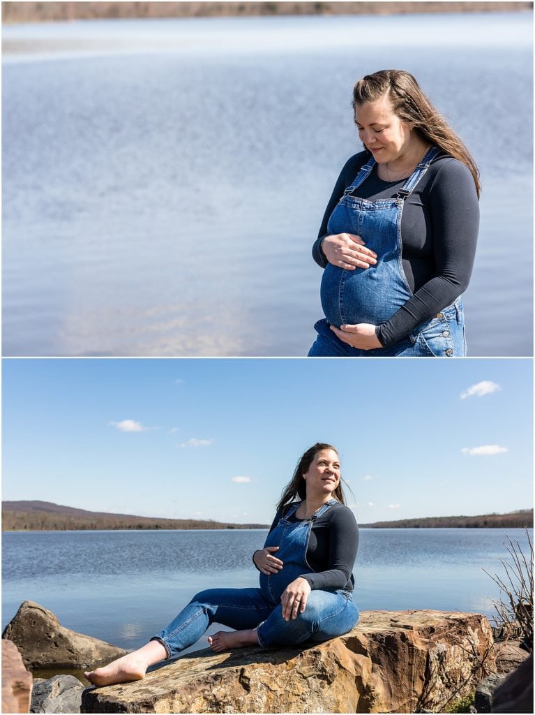 Pocono Mountain maternity session portrait collage of mother sitting on rocks in front of lake
