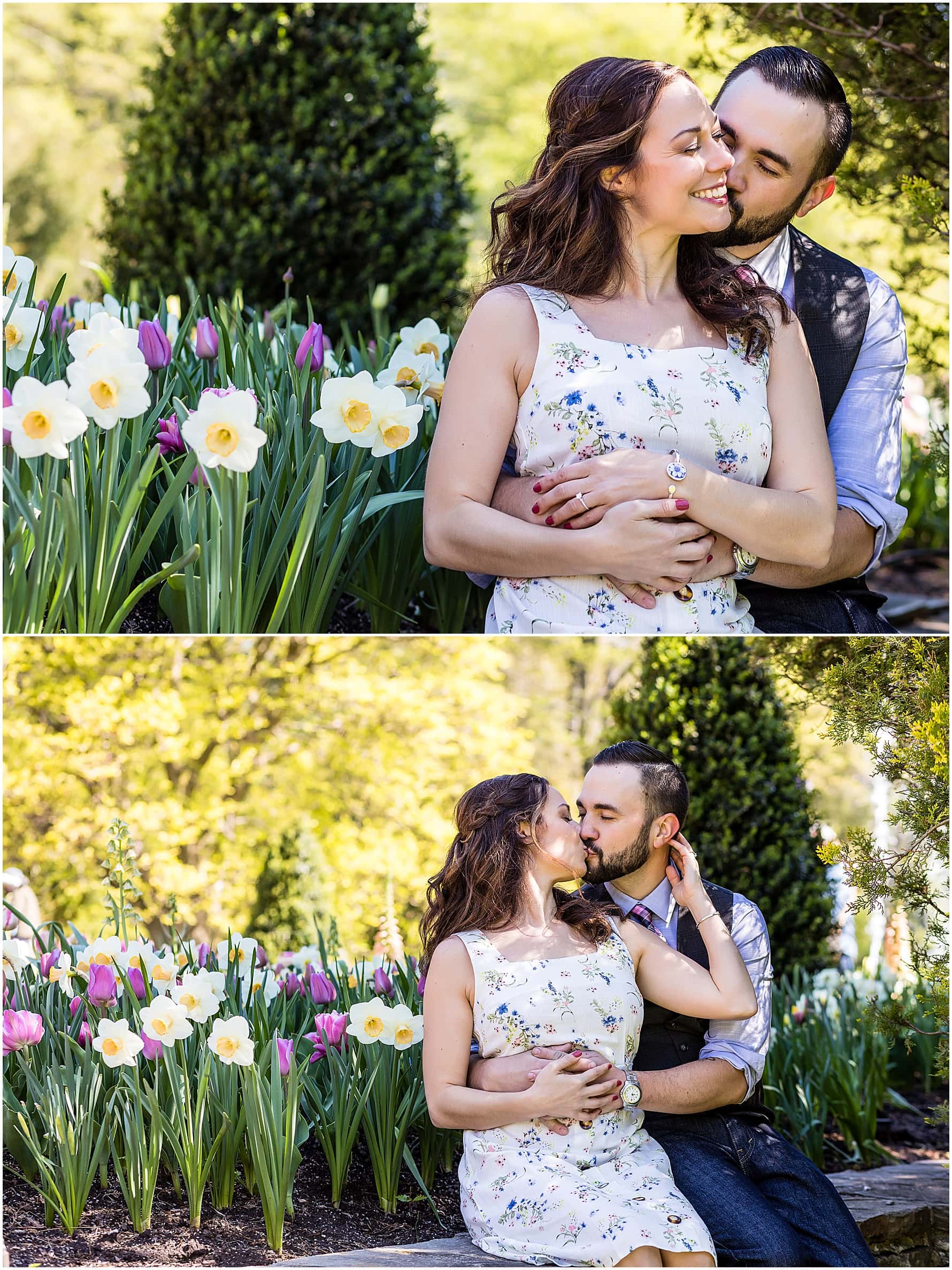 Collage of couple kissing while sitting on wall next to pink and yellow tulips at Longwood Gardens engagement session