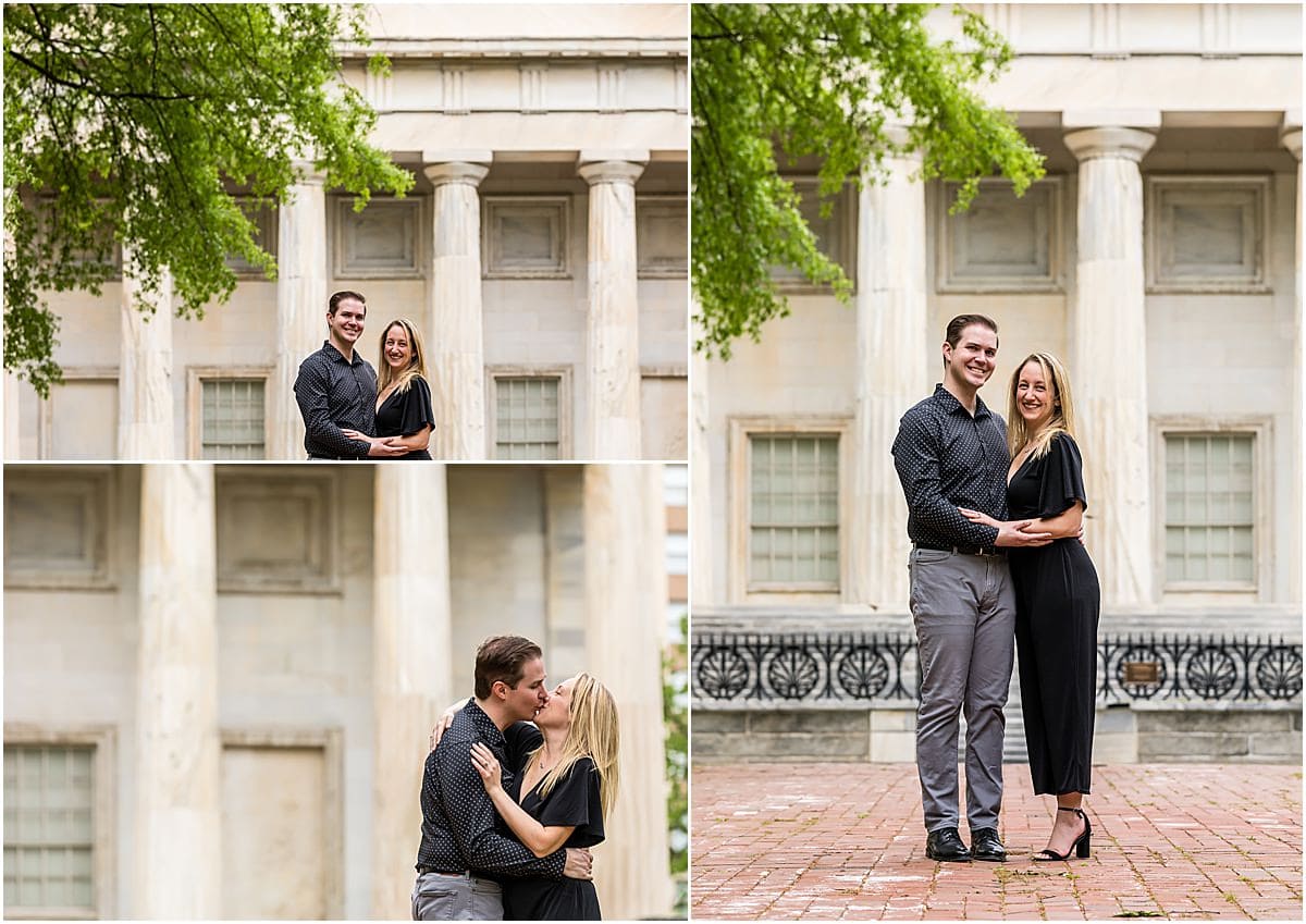 Old City Philadelphia engagement session portrait collage of couple standing and kissing in front of the Second National Bank