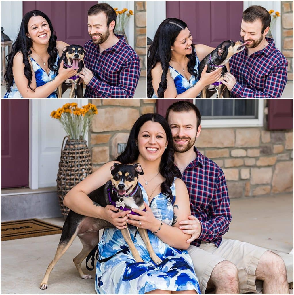 Collage of a couple holding their dog on their front porch of their home in Philadelphia