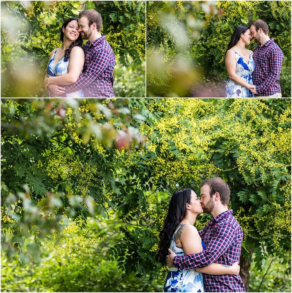 Collage of couple smiling at one another and kissing in a garden in Philadelphia