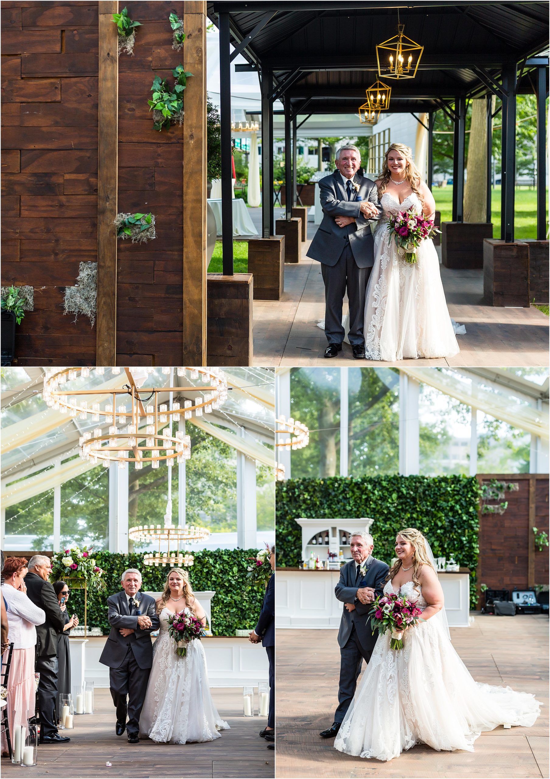 Collage of the bride and father walking down the aisle into the ceremony at Franklin View