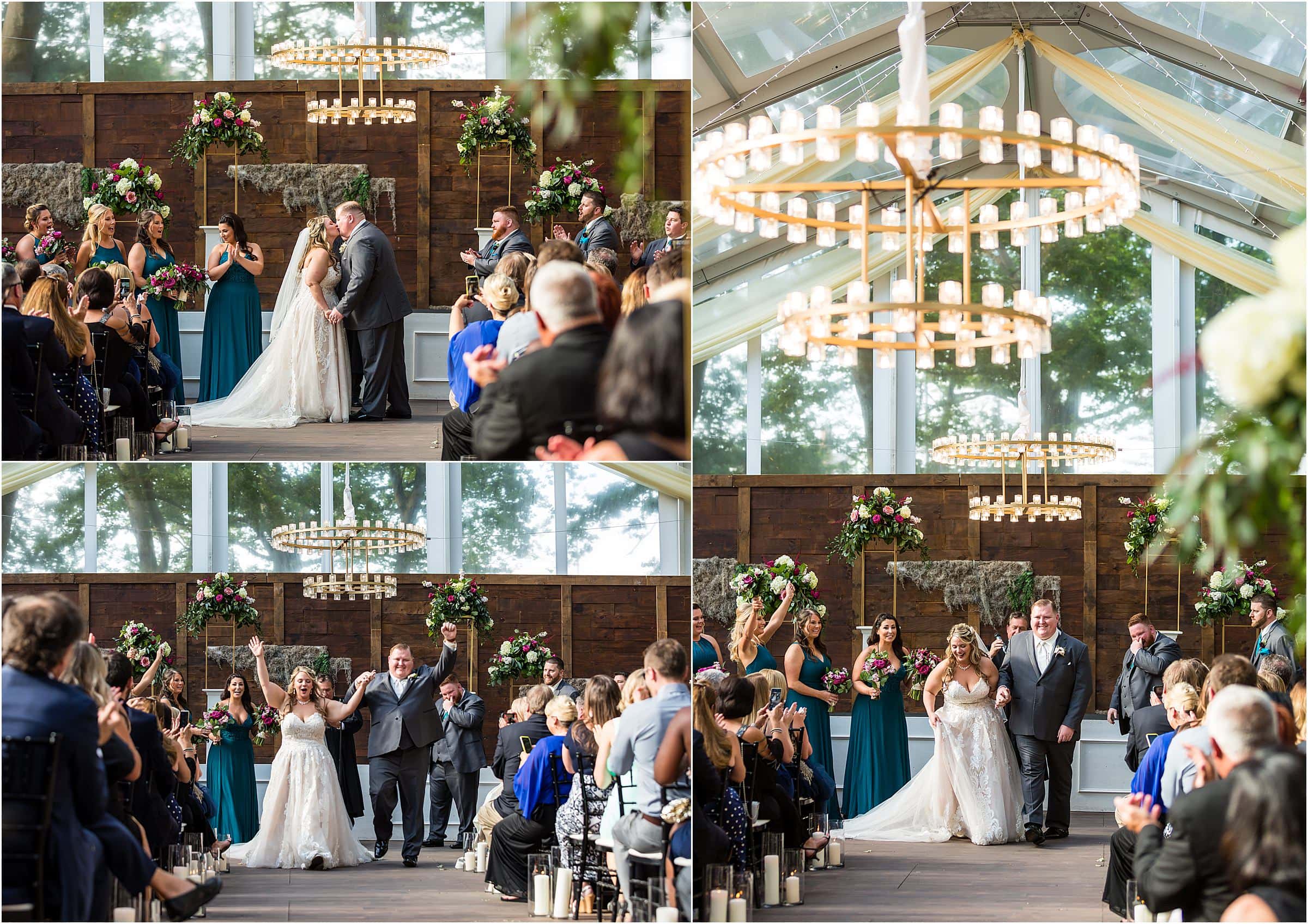 Collage of bride and groom kissing and processing out of ceremony