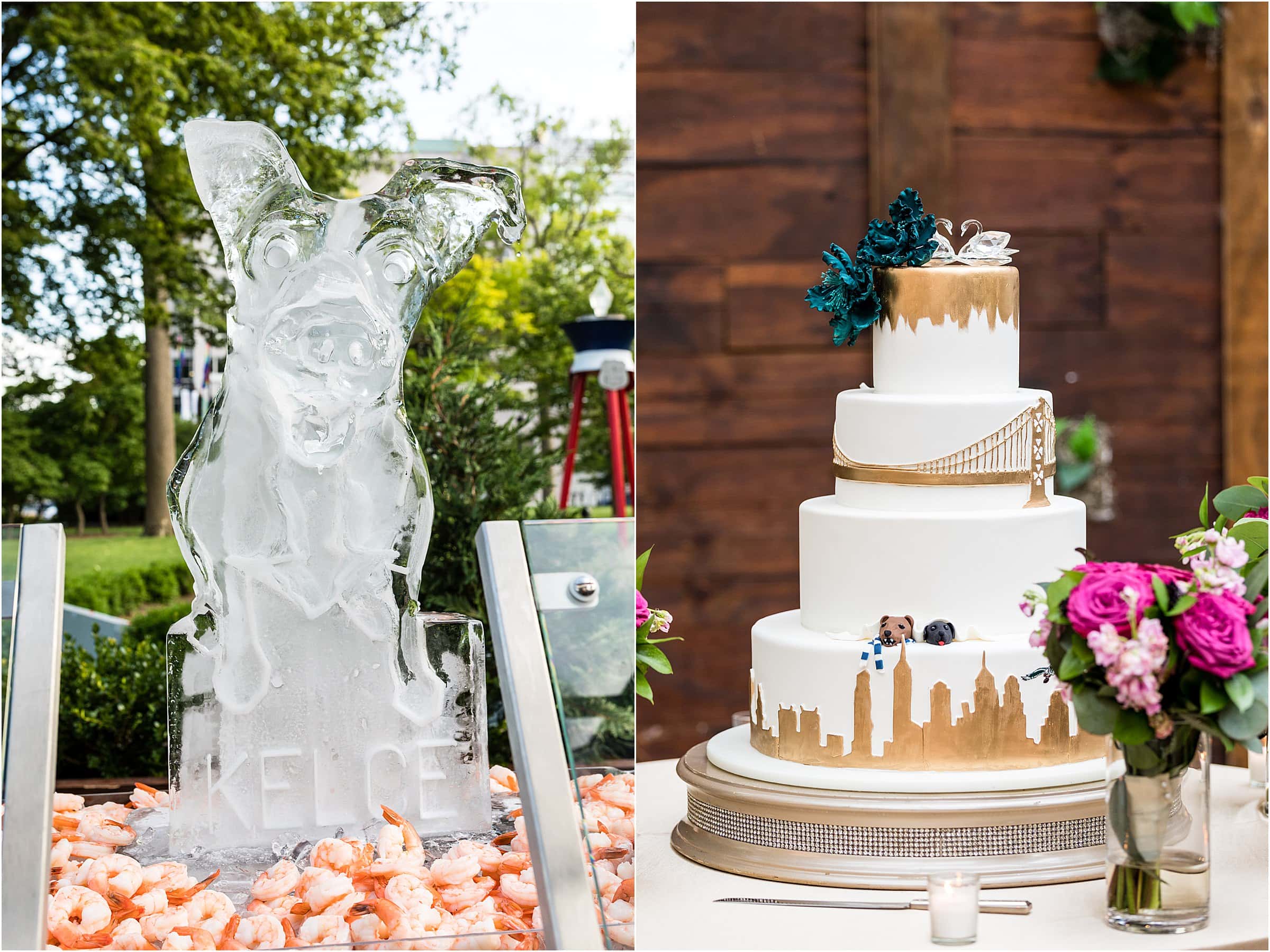 Collage of Philadelphia themed wedding cake and dog ice sculpture