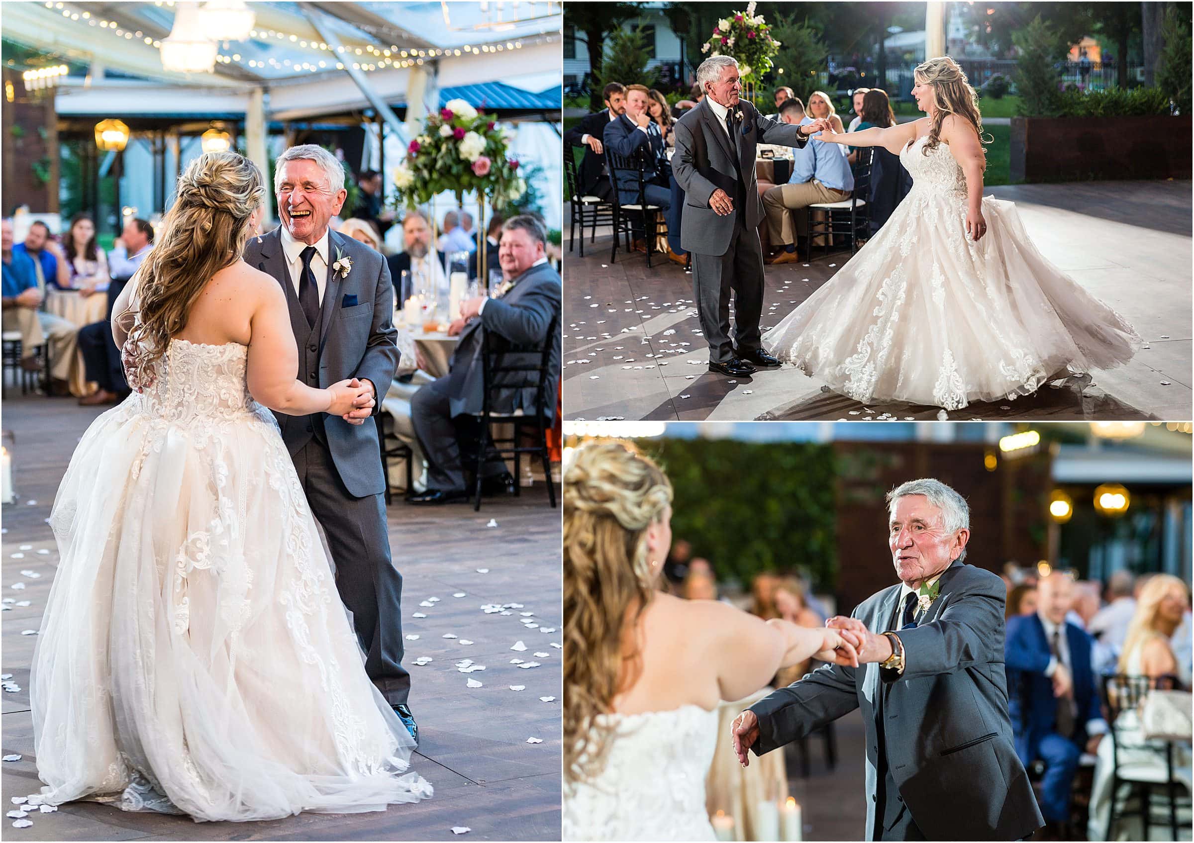 Collage of bride dancing with her father during father daughter dance
