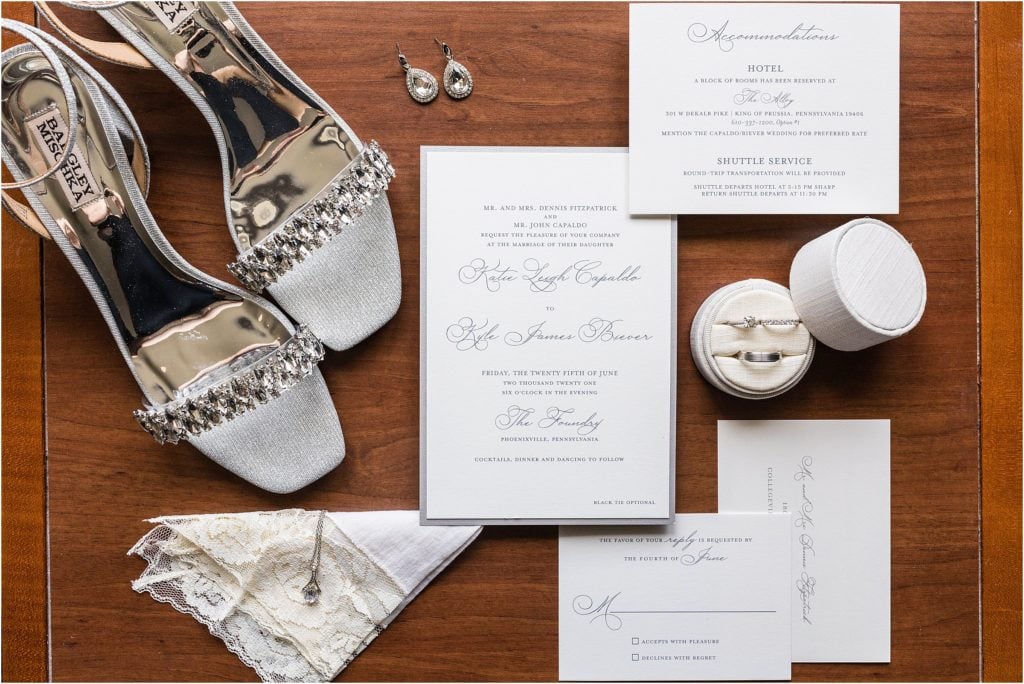Wedding invitation suite and bridal jewelry and bridal shoes