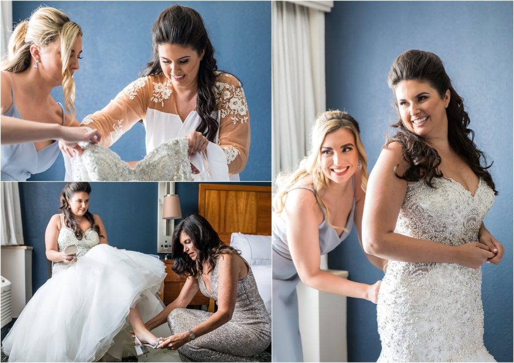Collage of the bride getting dressed