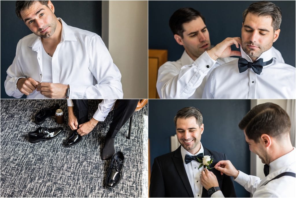 Collage of groom getting dressed with help from his groomsmen