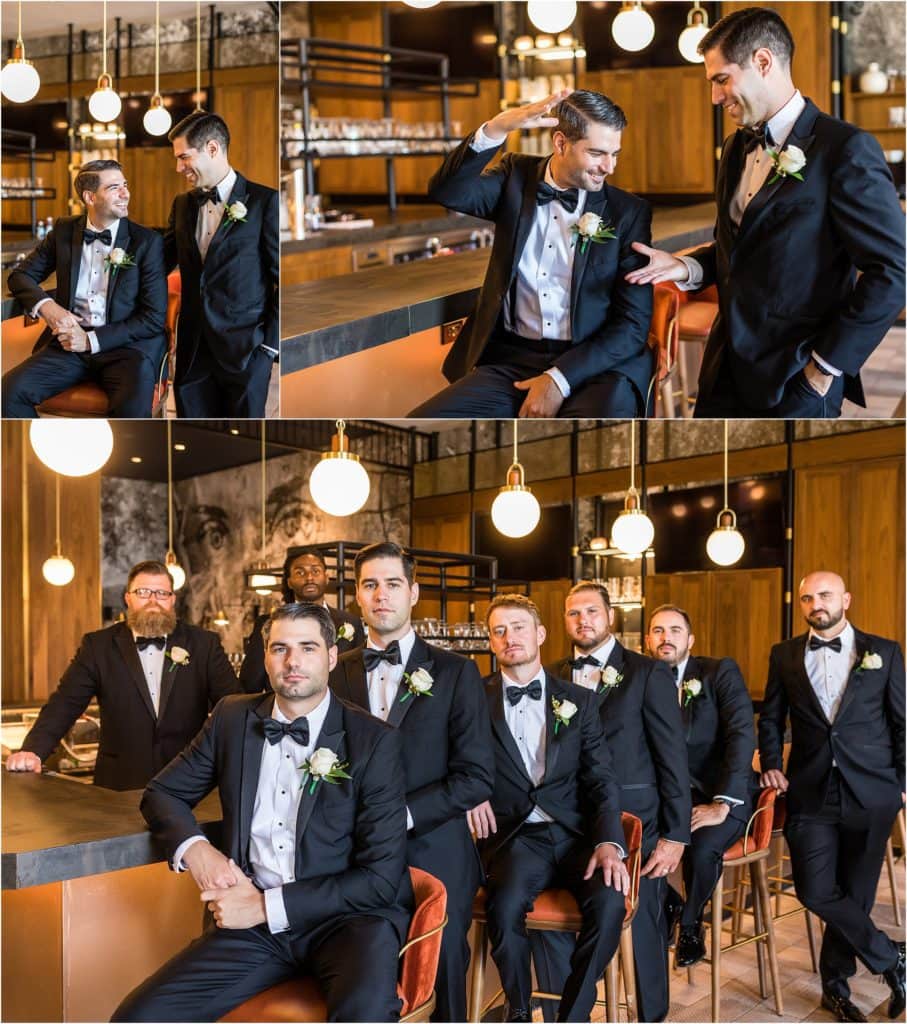 Collage of groom with groomsmen at the bar