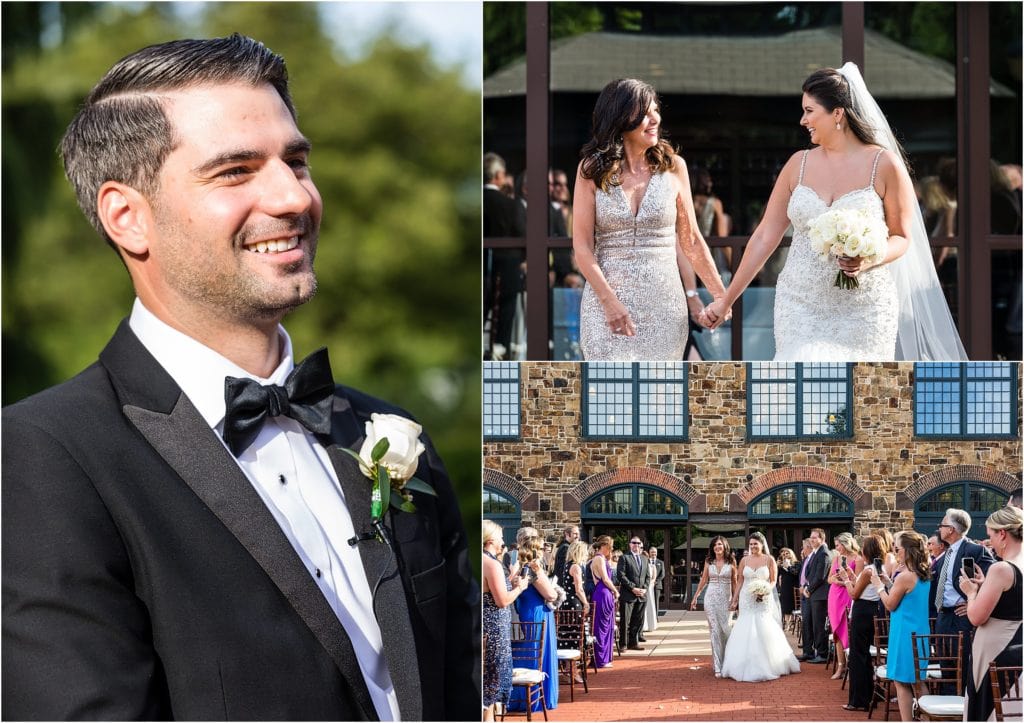 Collage of the bride walking down the aisle and the groom waiting at the end of the aisle