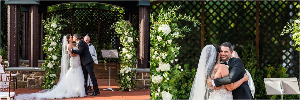 Collage of bride and groom kissing during ceremony