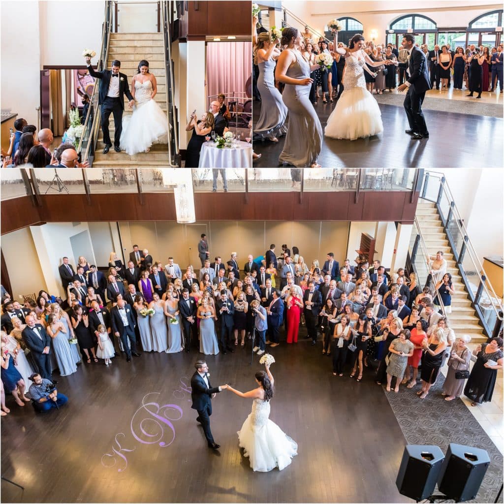 Collage of the bride and groom entering their reception