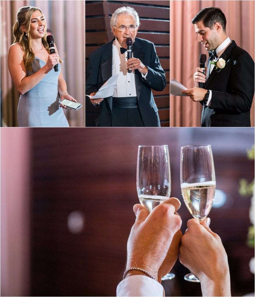 Collage of the best man and maid of honor and father of the bride giving a speech during reception