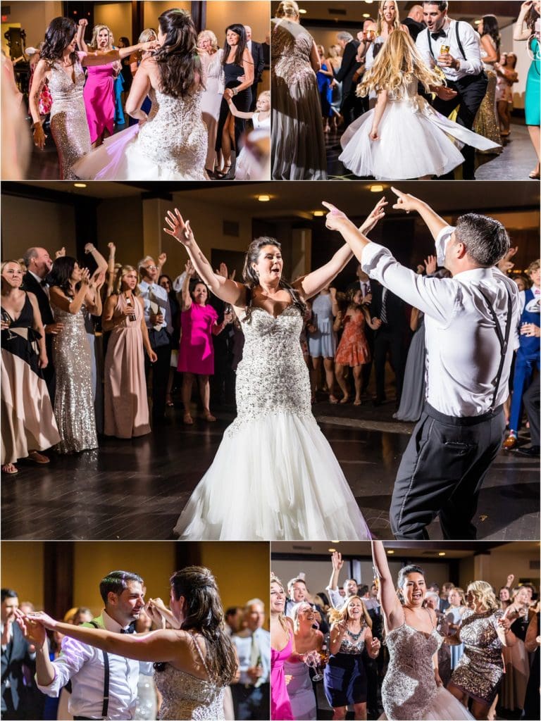 Collage of bride and groom dancing at reception