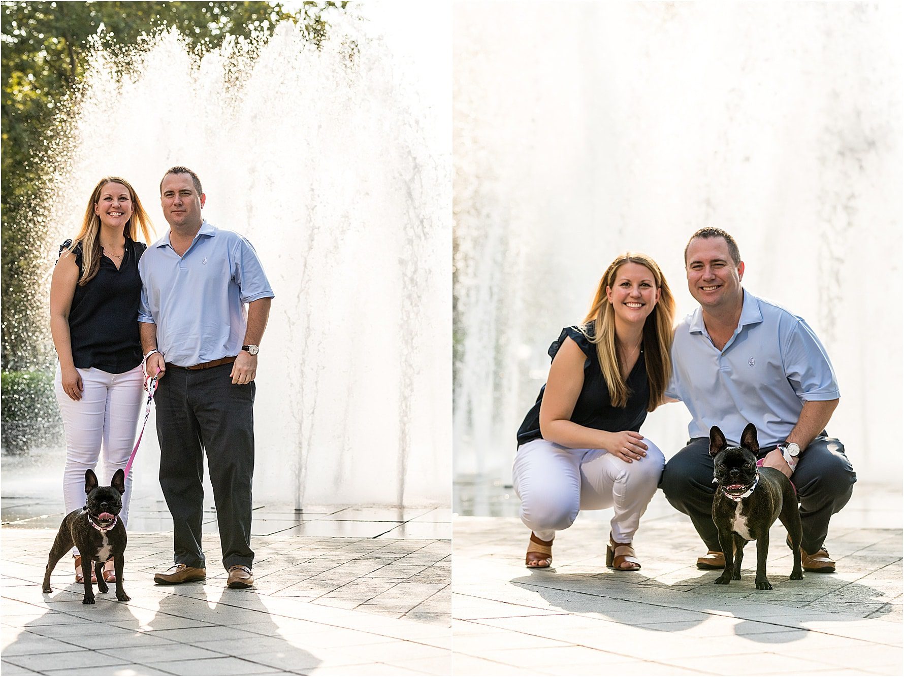 Collage of bride and groom smiling and posing with their dog for their engagement session with fountains of water sprouting up behind them