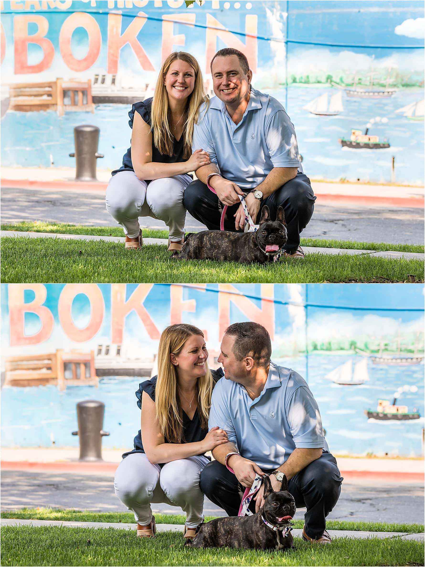 Collage of the bride and groom kneeling with their dog in front of a Hoboken painting