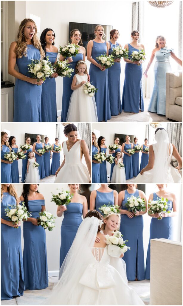 Bride's first look with her wedding party (and a hug for the flower girl or junior attendant)