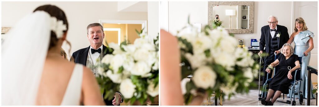 Emotional first look with parents and grandparent of the bride 
