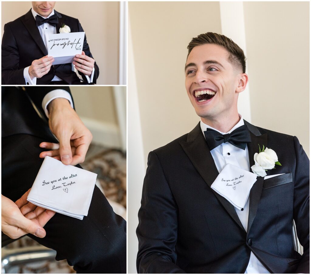 Groom receives a handkerchief embroidered with "See you at the altar" from his bride