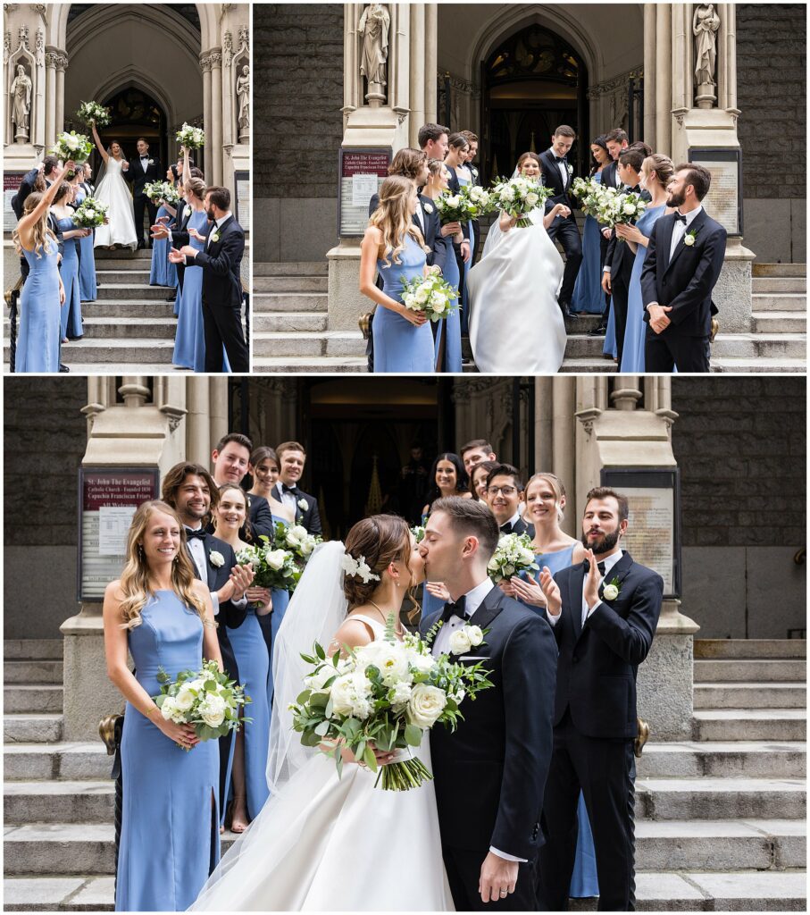 Newlyweds exit their wedding ceremony and kiss just outside of the church while surrounded by their wedding party 