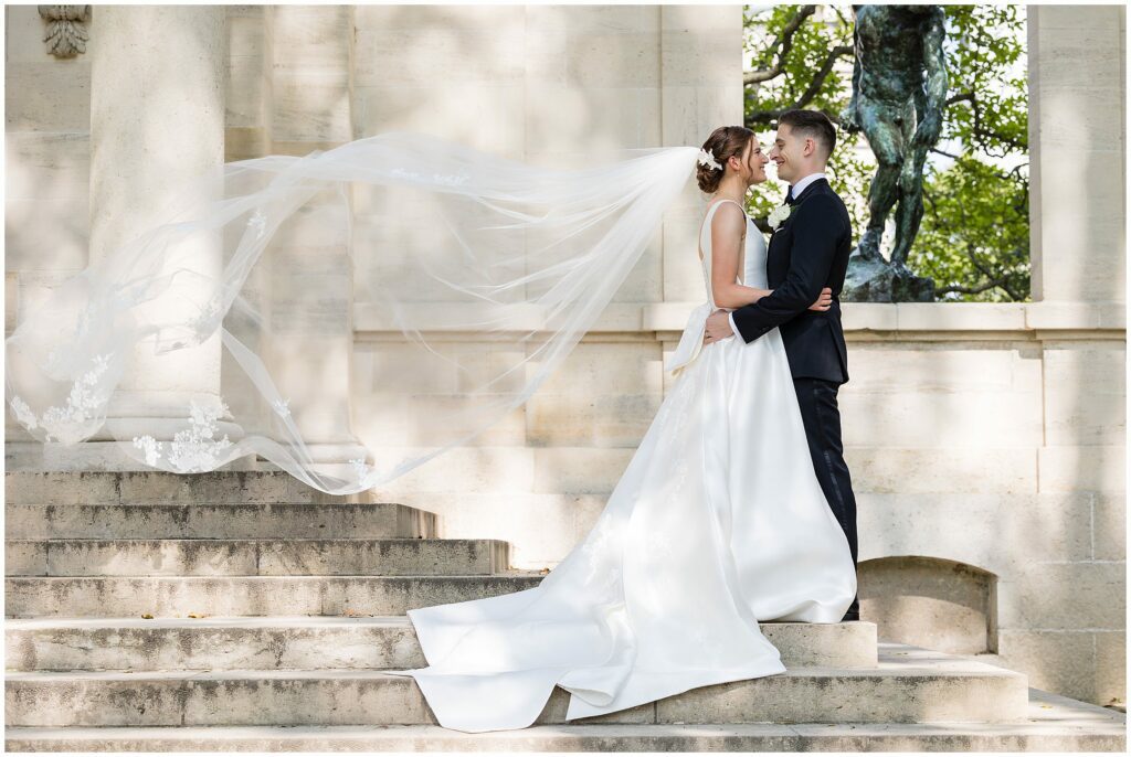 Bride and Groom on the steps of Philadelphia's Rodin Museum 
