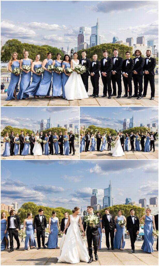 Newlyweds and their wedding party in blue dresses or black tuxes with view of Philadelphia's skyline in the background