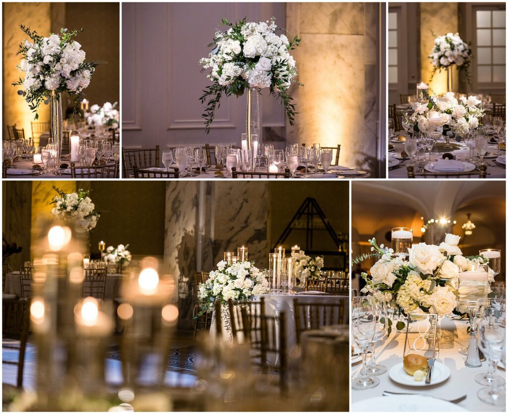 White florals by Fabu Floras for a wedding reception at Philadelphia's Ritz-Carlton
