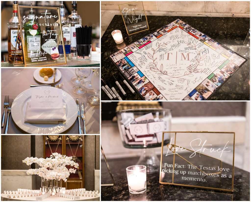 Wedding Reception details including signature cocktail sign, a monopoly board to be signed by guests, a dramatic seating card arrangement, and another fun fact sign.