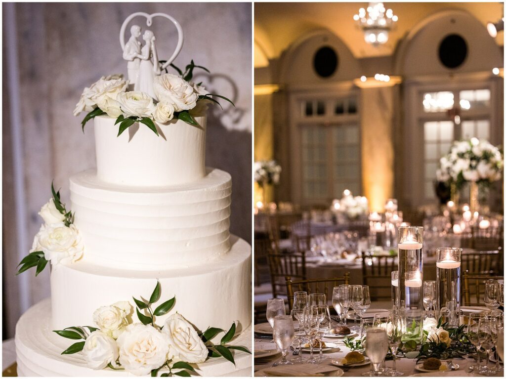 on left: Clean white wedding cake; on right: candles for a Philadelphia Ritz-Carlton wedding reception 