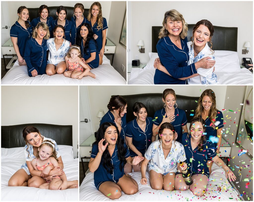 Bride celebrates with her wedding party while getting ready
