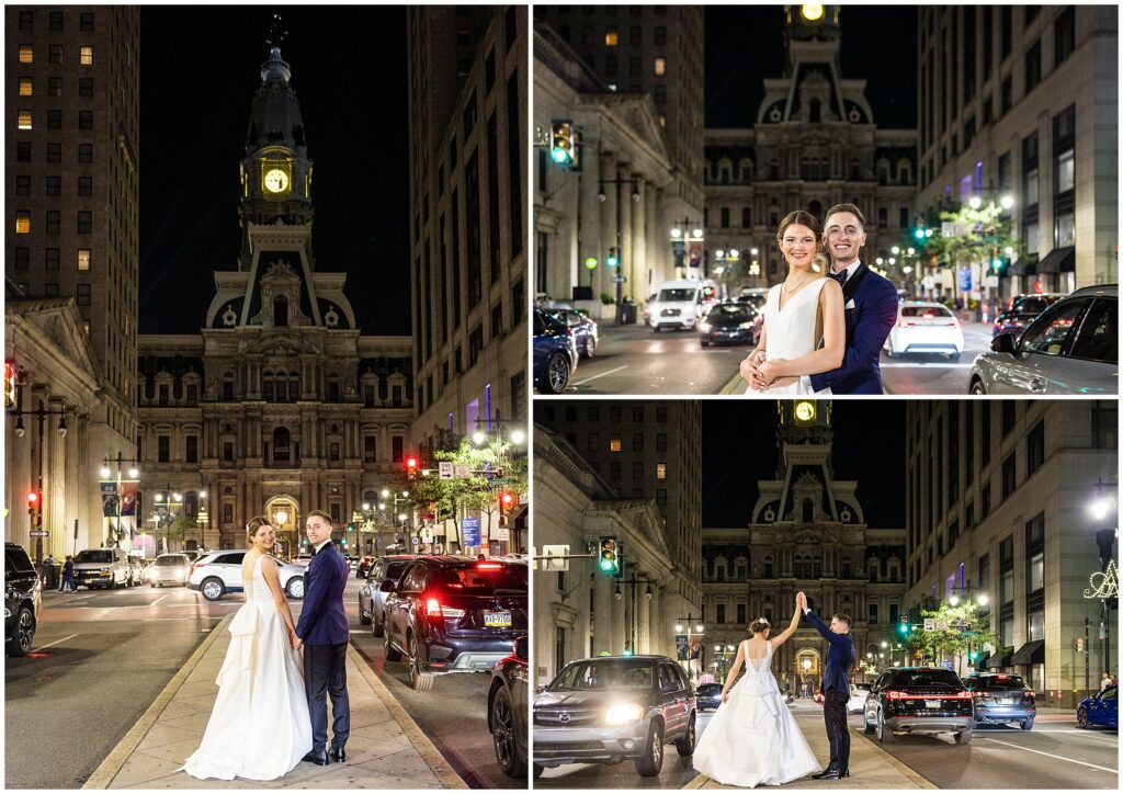 Newlyweds on Broad St. at night, with Philadelphia's City Hall in the background