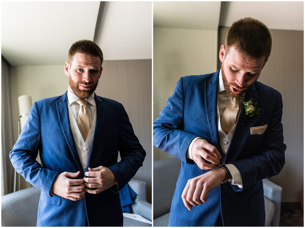 Groom does a final check on his outfit and adjusts his watch before wedding