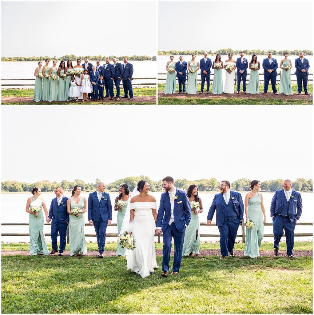Couple with their wedding party in teal dresses or navy suits