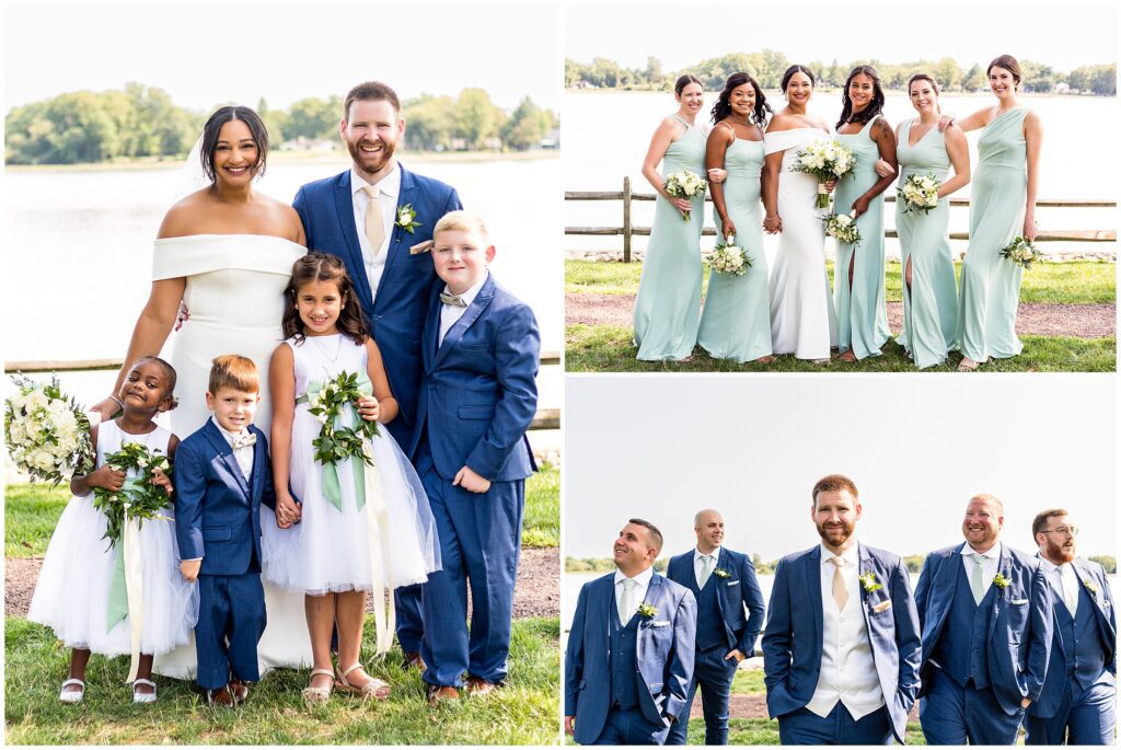 portraits of the bride and groom with the wedding party