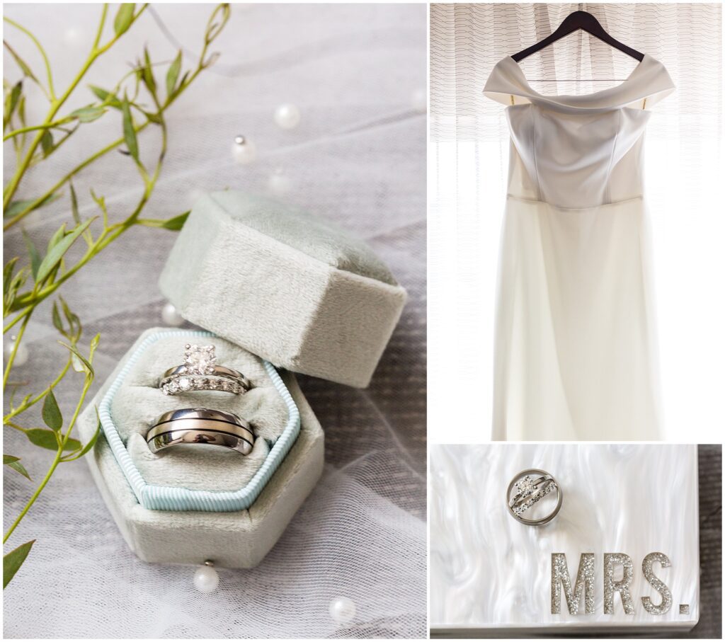 wedding rings in velvet box, wedding dress hanging in front of window, and rings resting on white clutch