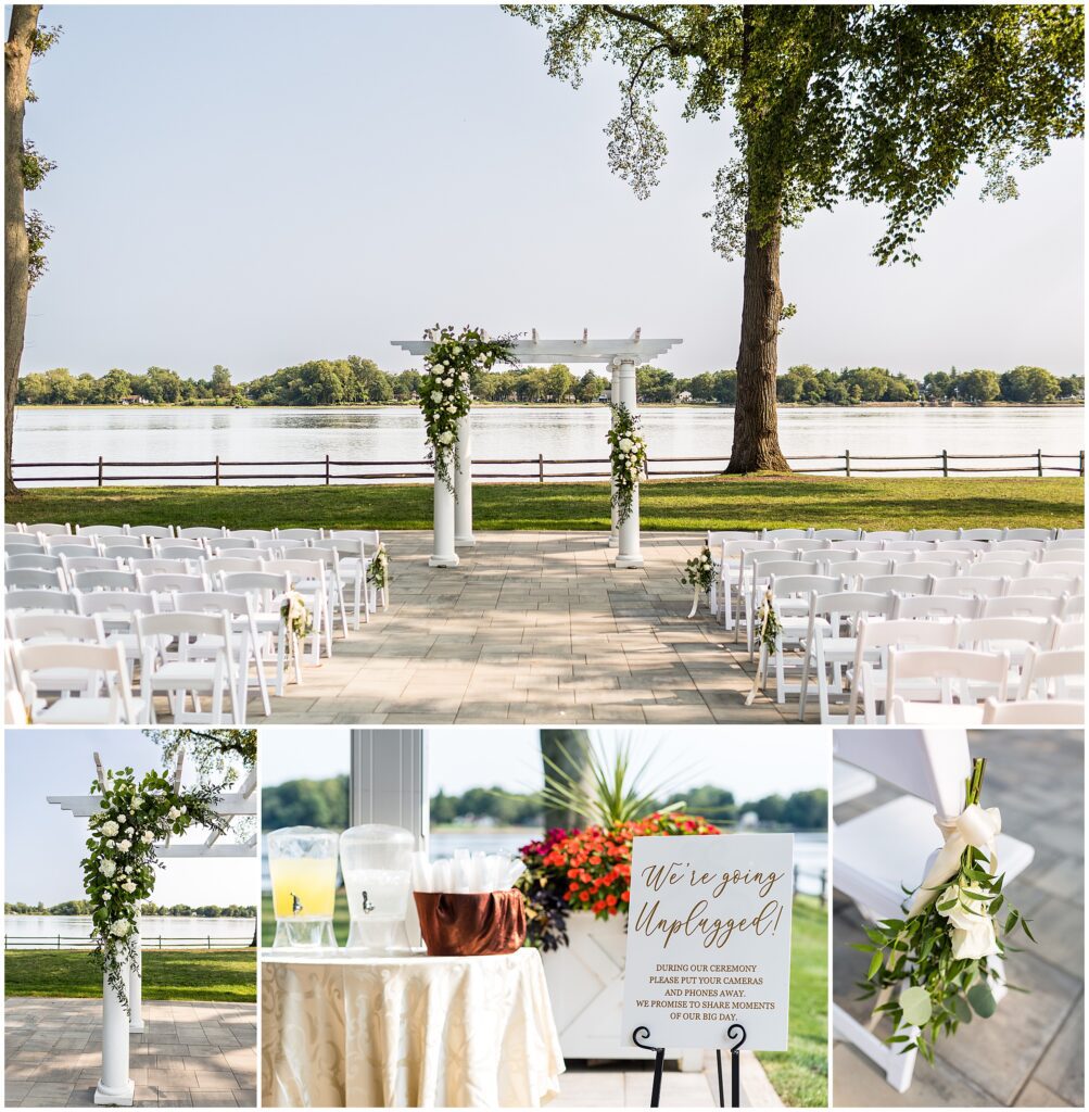 Wedding ceremony details featuring white and green florals, unplugged ceremony sign near beverages, and floral swag for chairs near aisle 
