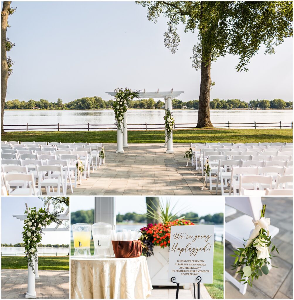 Wedding ceremony details featuring white and green florals, unplugged ceremony sign near beverages, and floral swag for chairs near aisle