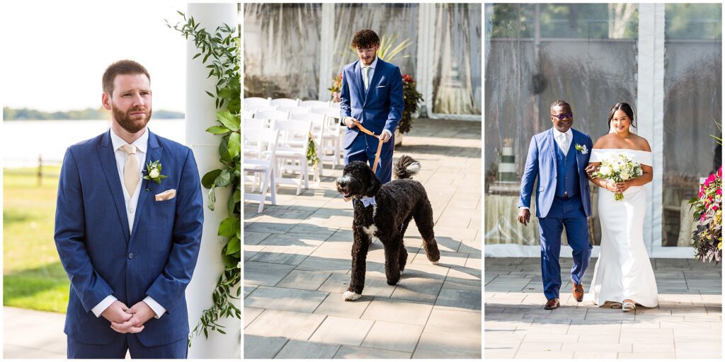 left image: Groom sees his bride enter wedding ceremony; center image: couple's dog is escorted down aisle; right image: bride is escorted by her father during wedding ceremony