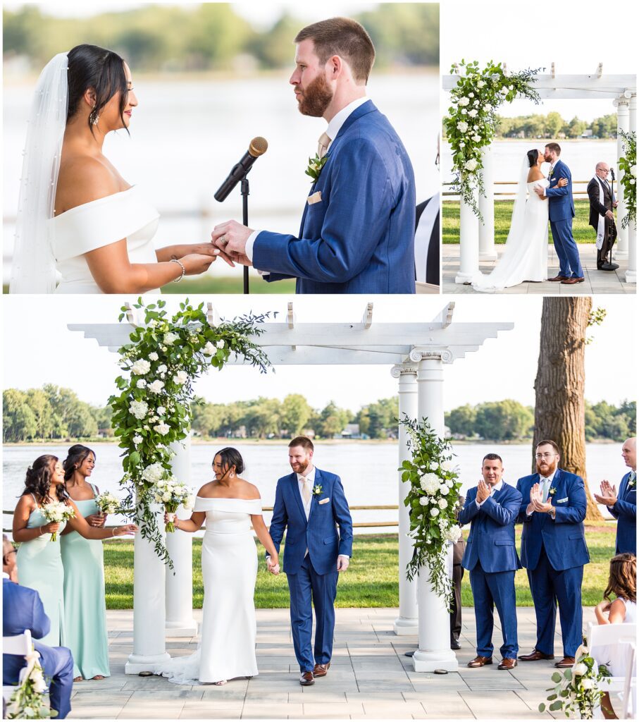top left image: Couple exchanges vows; top right image: Couple shares their first kiss as wife and husband; lower image: newlyweds turn to leave the altar 