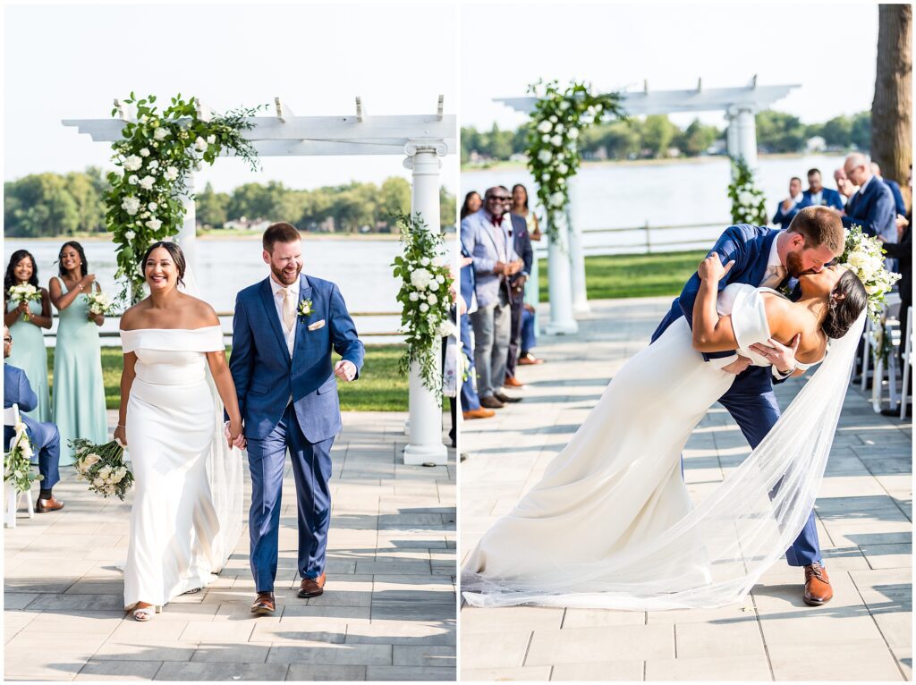 left: bride and groom smile and hold hands as they walk away from wedding altar; right: groom dips bride during a kiss and embrace
