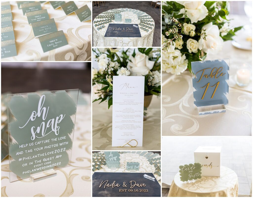 Wedding reception details including sage green place cards and acrylic signs